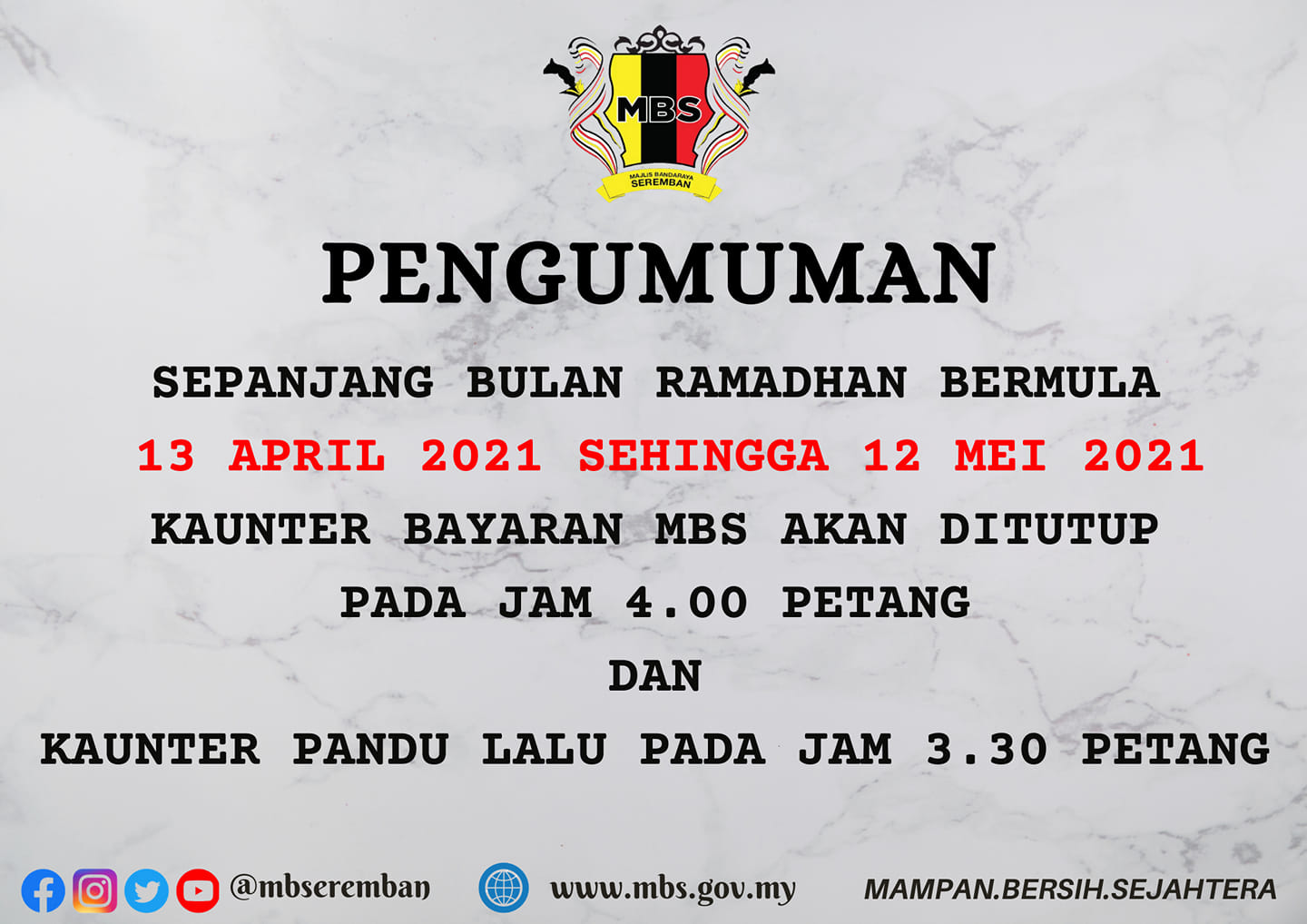 PERUBAHAN WAKTU OPERASI KAUNTER BAYARAN DAN KAUNTER PANDU LALU SEPANJANG BULAN RAMADHAN 2021