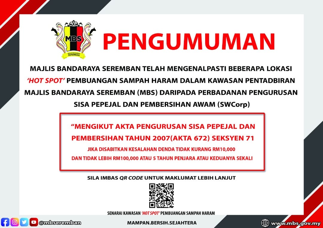 LOKASI 'HOT SPOT' PEMBUANGAN SAMPAH HARAM YANG TELAH DIKENALPASTI DALAM KAWASAN PENTADBIRAN MAJLIS BANDARAYA SEREMBAN