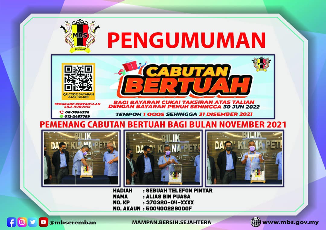 PEMENANG CABUTAN BERTUAH BULAN NOVEMBER BAGI BAYARAN CUKAI TAKSIRAN ATAS TALIAN DENGAN BAYARAN PENUH