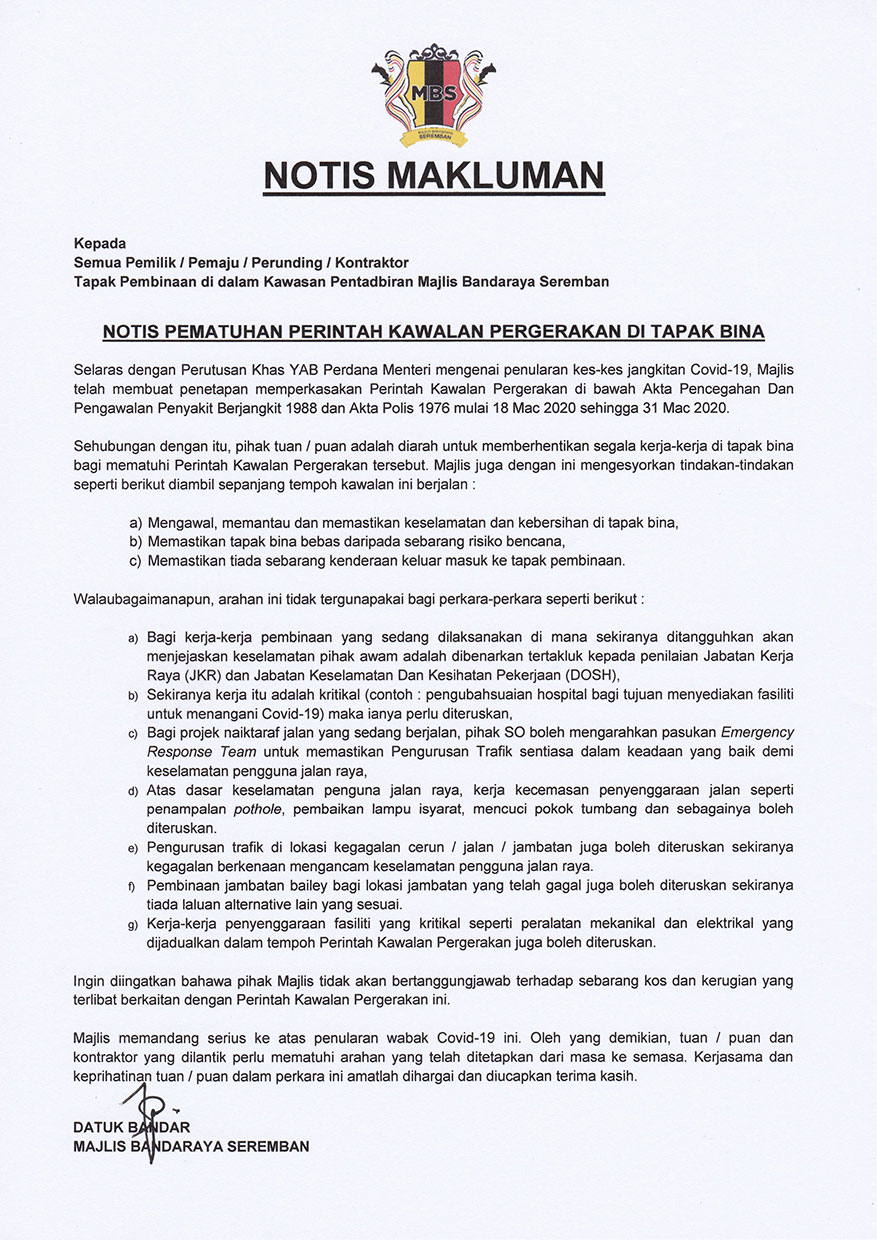 Notis Makluman Pematuhan Perintah Kawalan Pergerakan di Tapak Bina