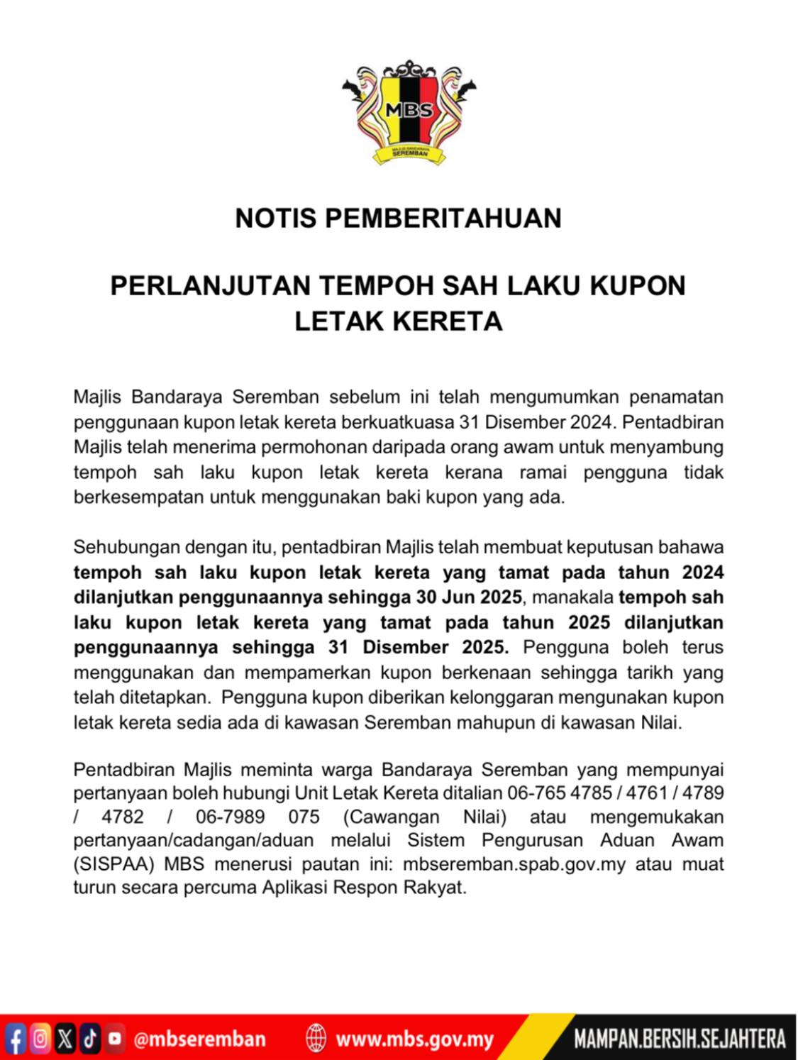 Perlanjutan Tempoh sah laku kupon letak kereta